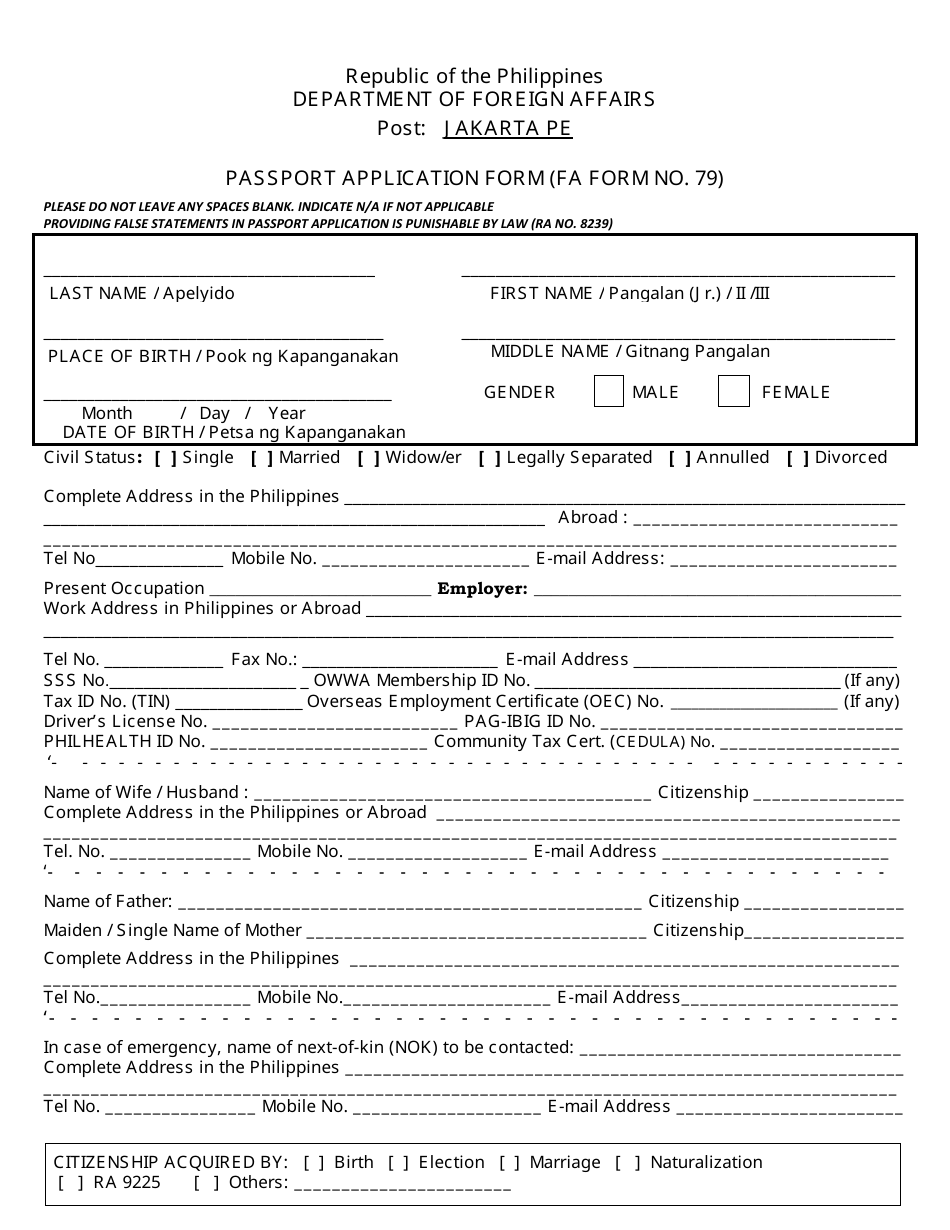 FA Form NO. 79 Passport Application Form - Jakarta Pe - Philippines, Page 1