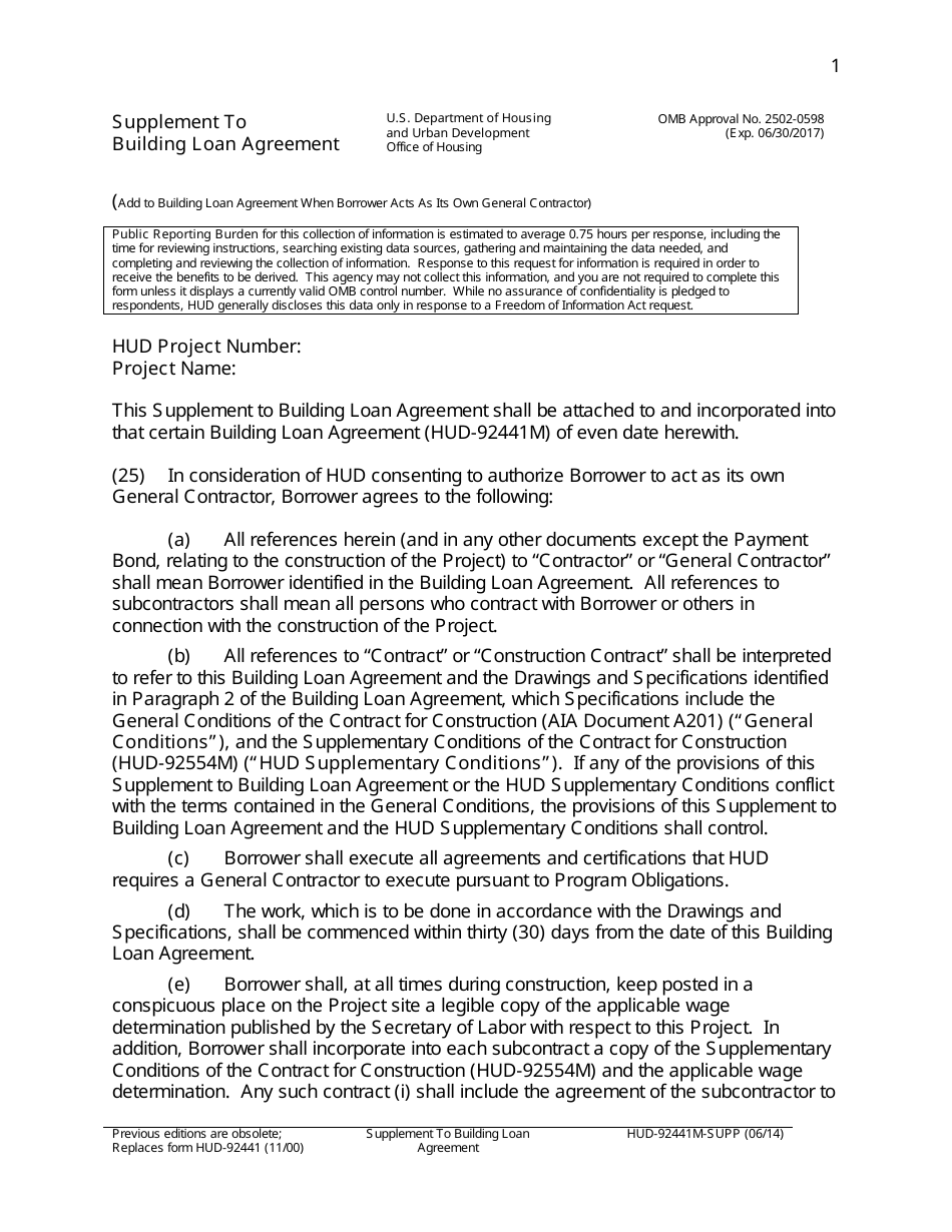 Form HUD-92441M-SUPP Supplement to Building Loan Agreement, Page 1
