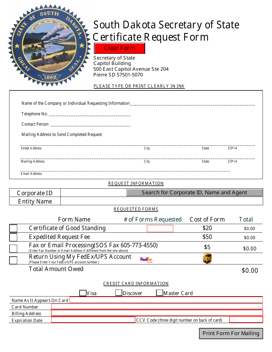 Certificate Request Form - South Dakota, Page 1