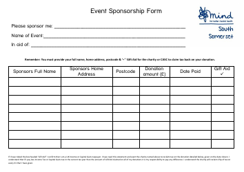 Document preview: Event Sponsorship Form - South Somerset Mind - Somerset, United Kingdom