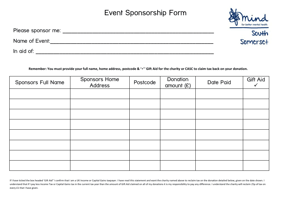 Event Sponsorship Form - South Somerset Mind - Somerset, United Kingdom