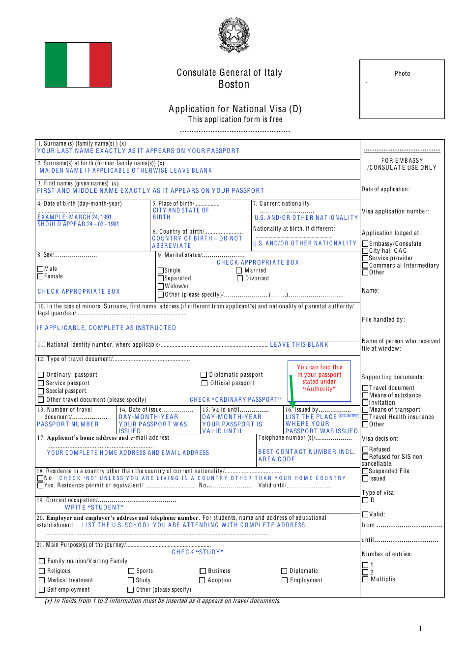 Boston Massachusetts Sample Italian Application Form For National Visa D Consulate General