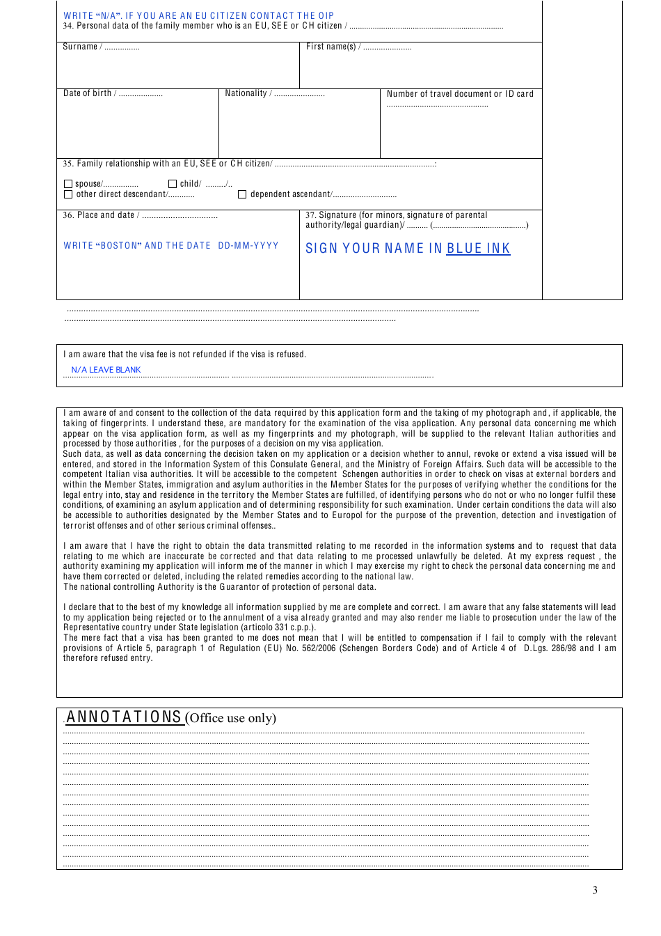 Sample Italian Application Form for National Visa (D) - Consulate General of Italy, Boston, Massachusetts, Usa - Boston, Massachusetts, Page 3