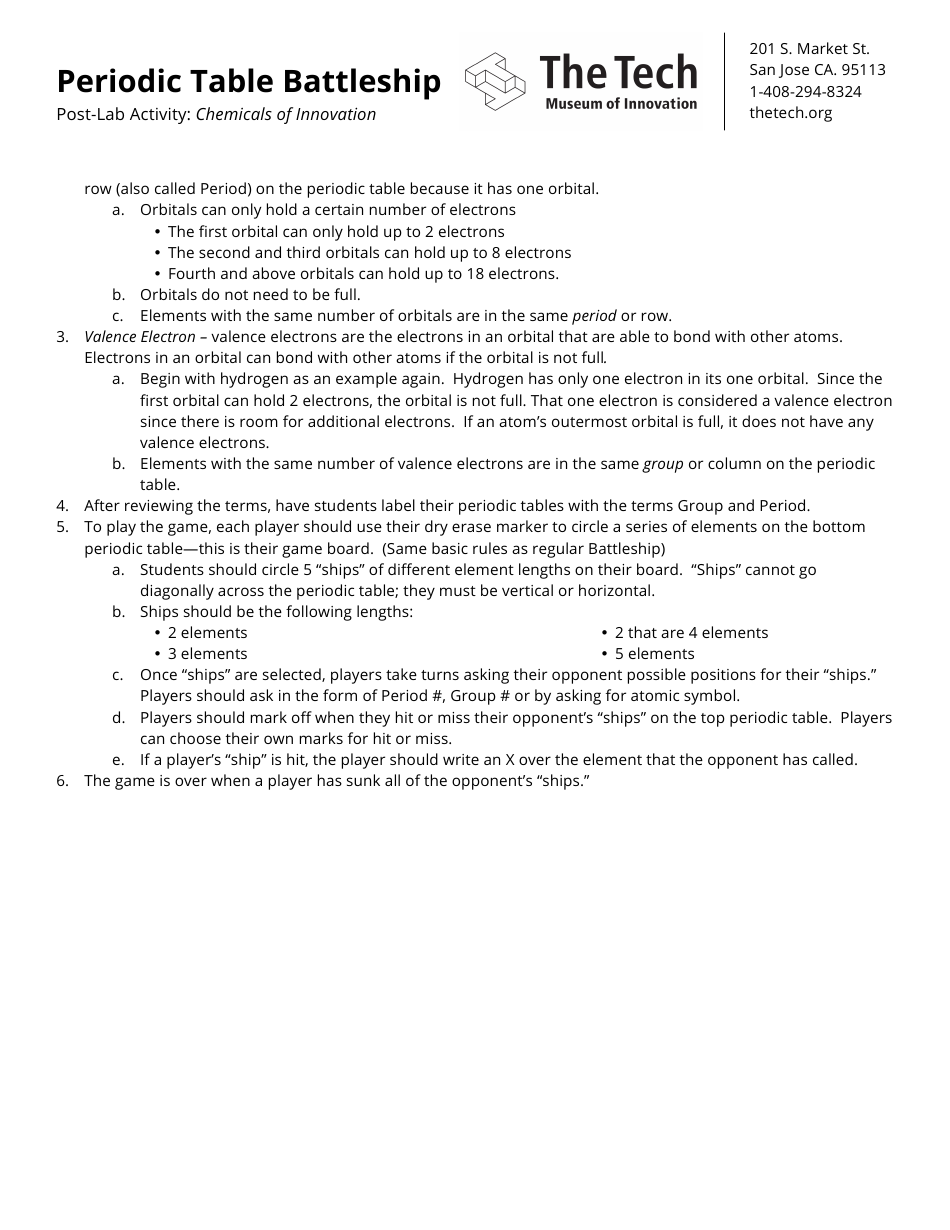 Periodic Table Post-lab Activity Sheet - the Tech Museum of Innovation, Page 2