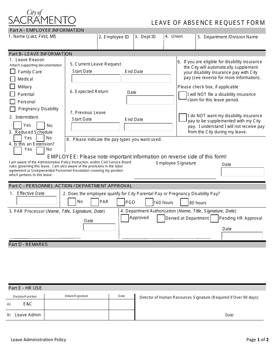Leave of Absence Request Form - Sacramento, California, Page 1