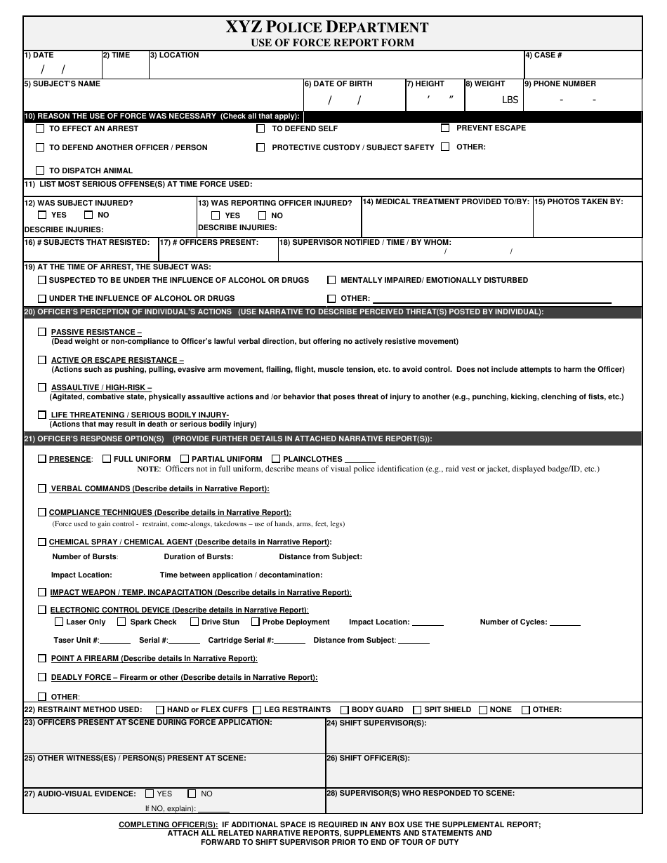 Police Department Use of Force Report Form, Page 1