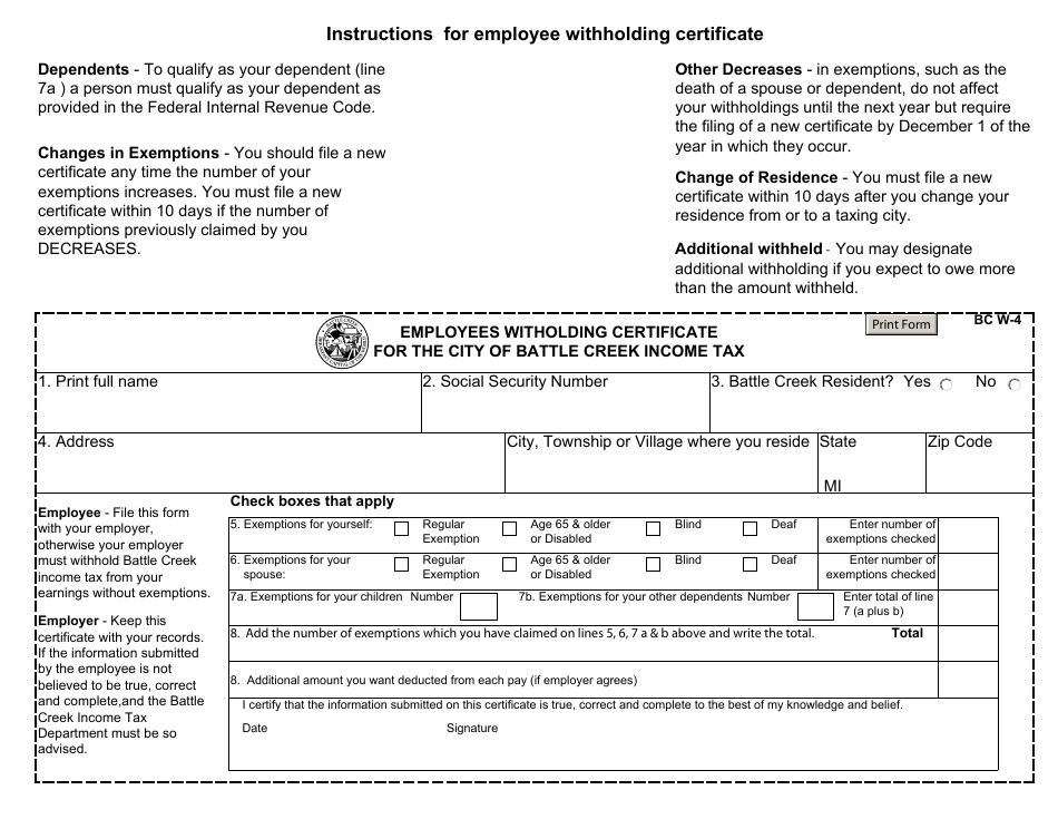 Form BCw-4 Employees Withholding Certificate for the City of Battle Creek Income Tax - Battle Creek, Michigan, Page 1