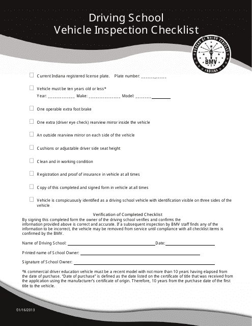 Indiana Driving School Vehicle Inspection Checklist Download Printable 