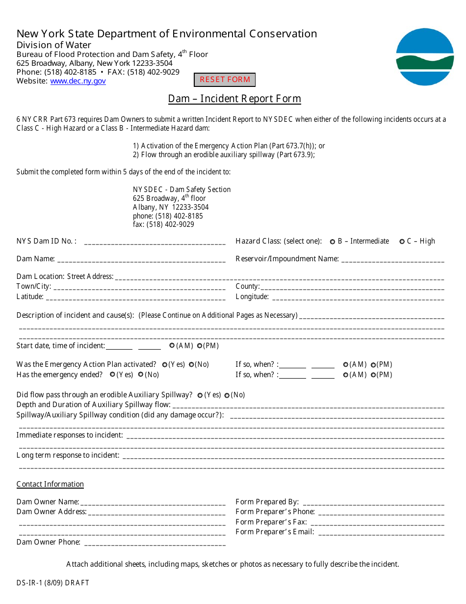Form DS-IR-1 Dam - Incident Report Form - New York, Page 1