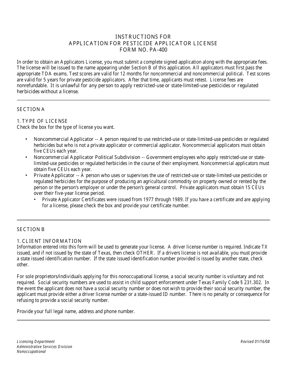 Download Instructions for Form PA400 Application for Pesticide