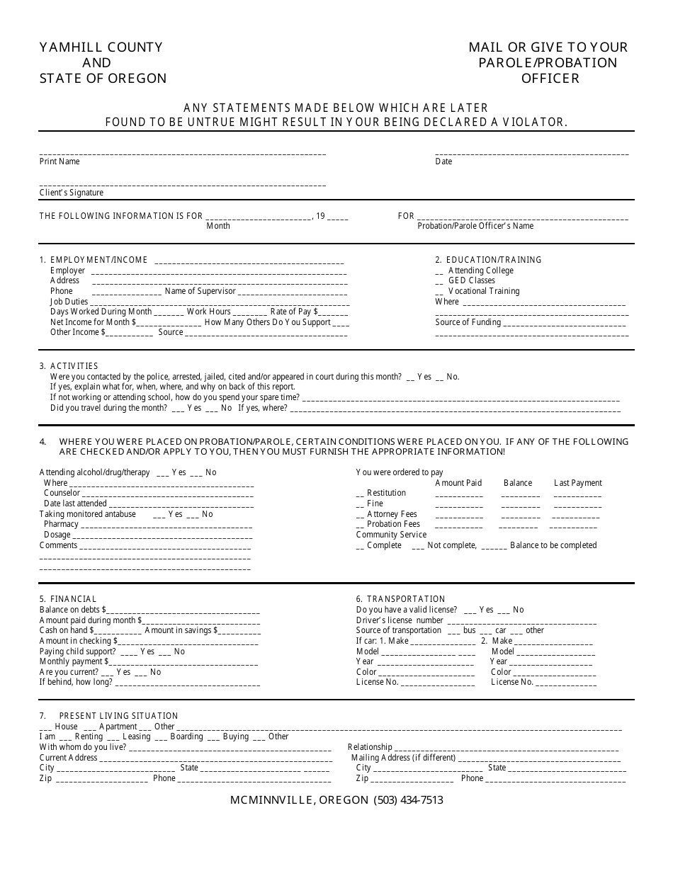Monthly Report Form - Yamhill County, Oregon, Page 1