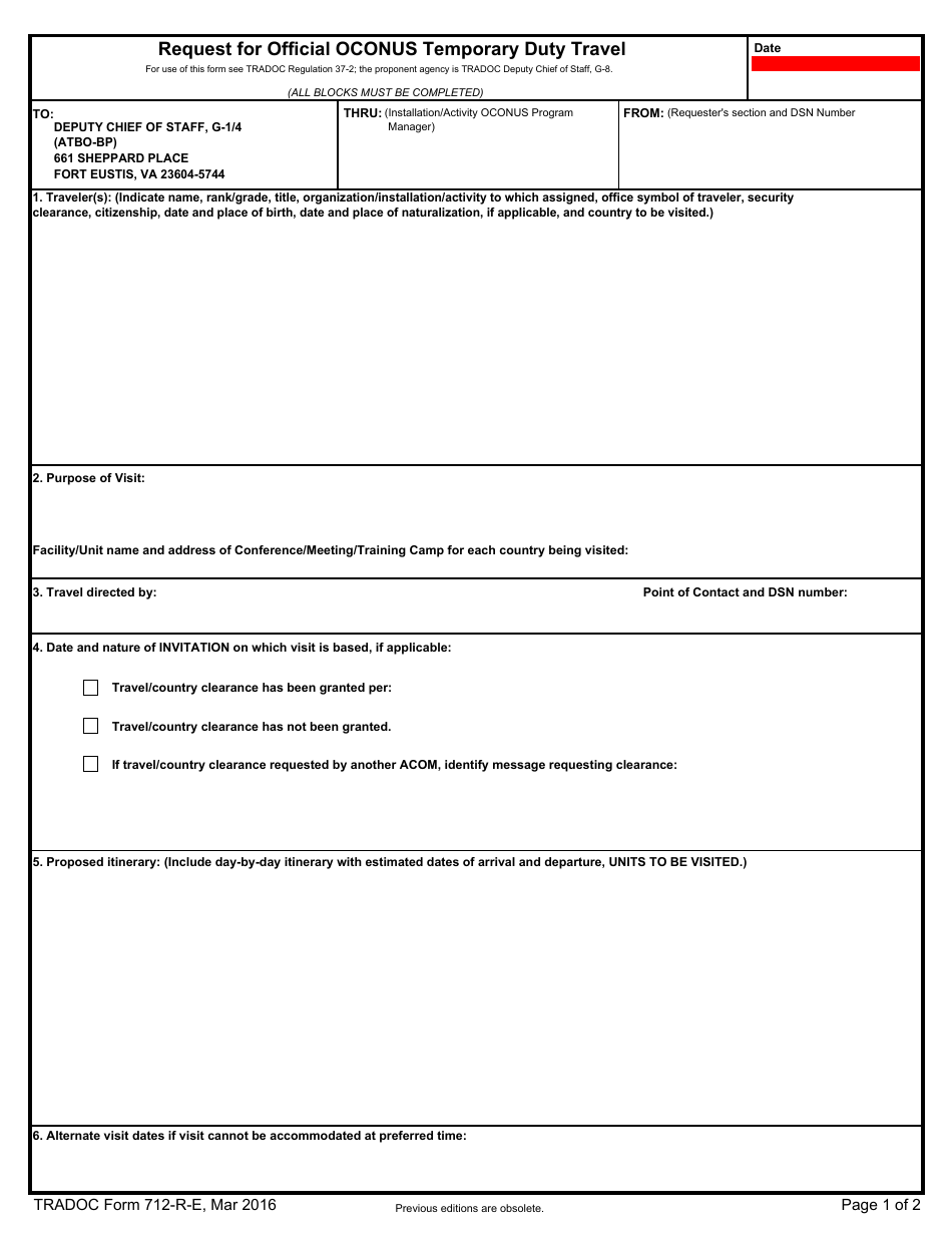 TRADOC Form 712-R-E Request for Official OCONUS Temporary Duty Travel, Page 1