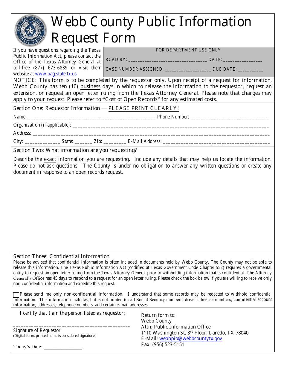Public Information Request Form - Webb County, Texas, Page 1