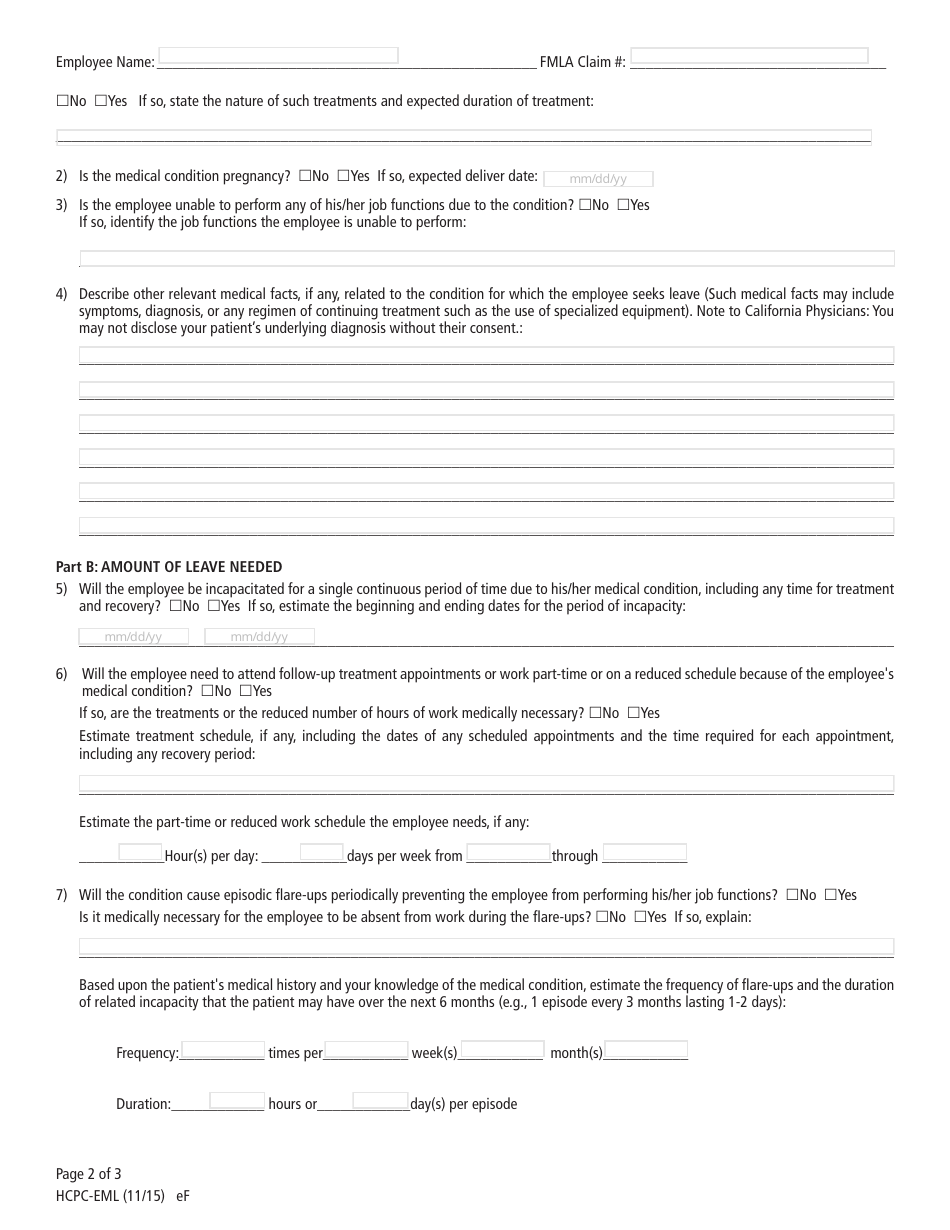 Certification of Health Care Provider for Employees Serious Health Condition (Family and Medical Leave Act), Page 2