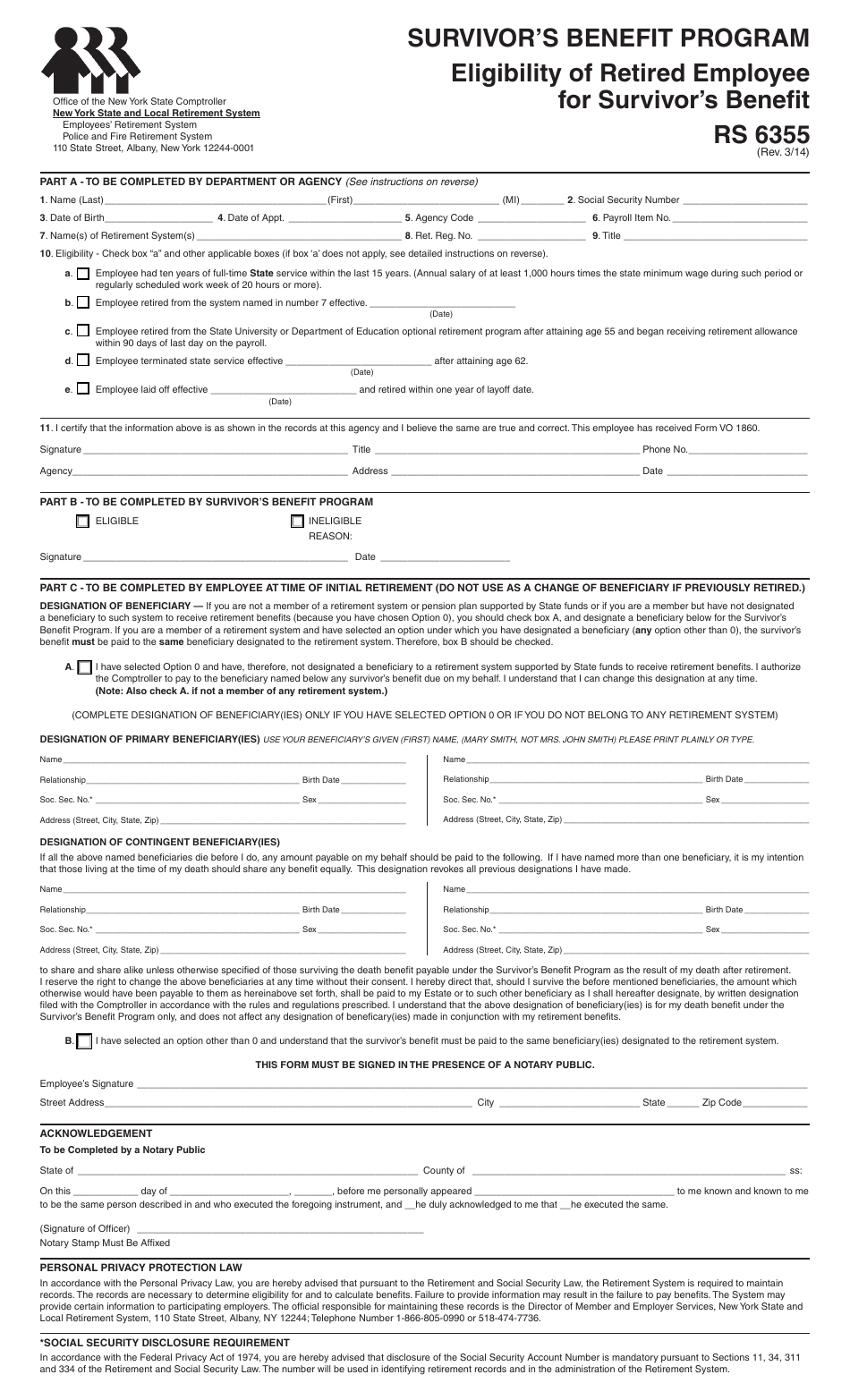 Form RS6355 Survivors Benefit Program Eligibility of Retired Employee for Survivors Benefit - New York, Page 1