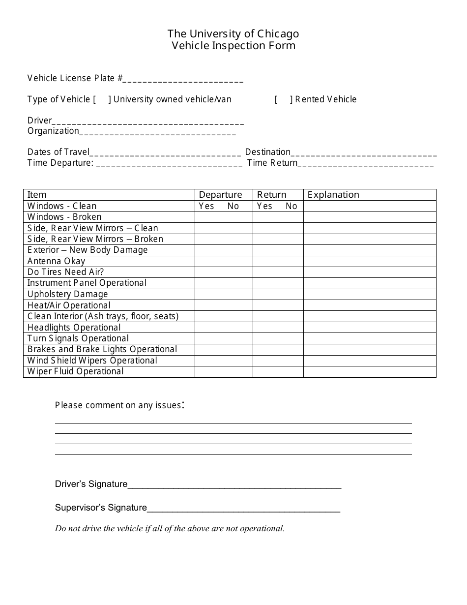 Vehicle Inspection Form - University of Chicago, Page 1
