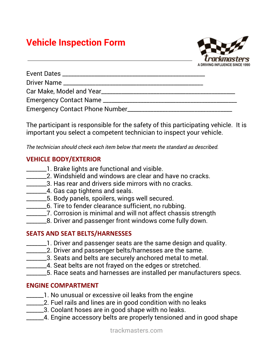 Vehicle Inspection Form - Trackmasters, Page 1