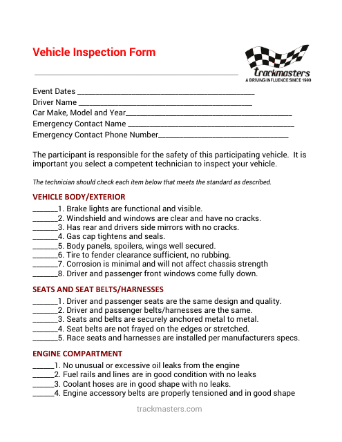Vehicle Inspection Form - Trackmasters