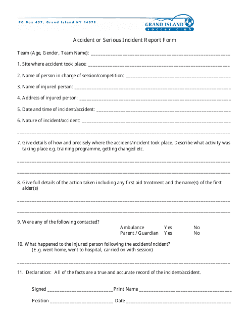 Accident or Serious Incident Report Form - Grand Island Soccer Club - New York