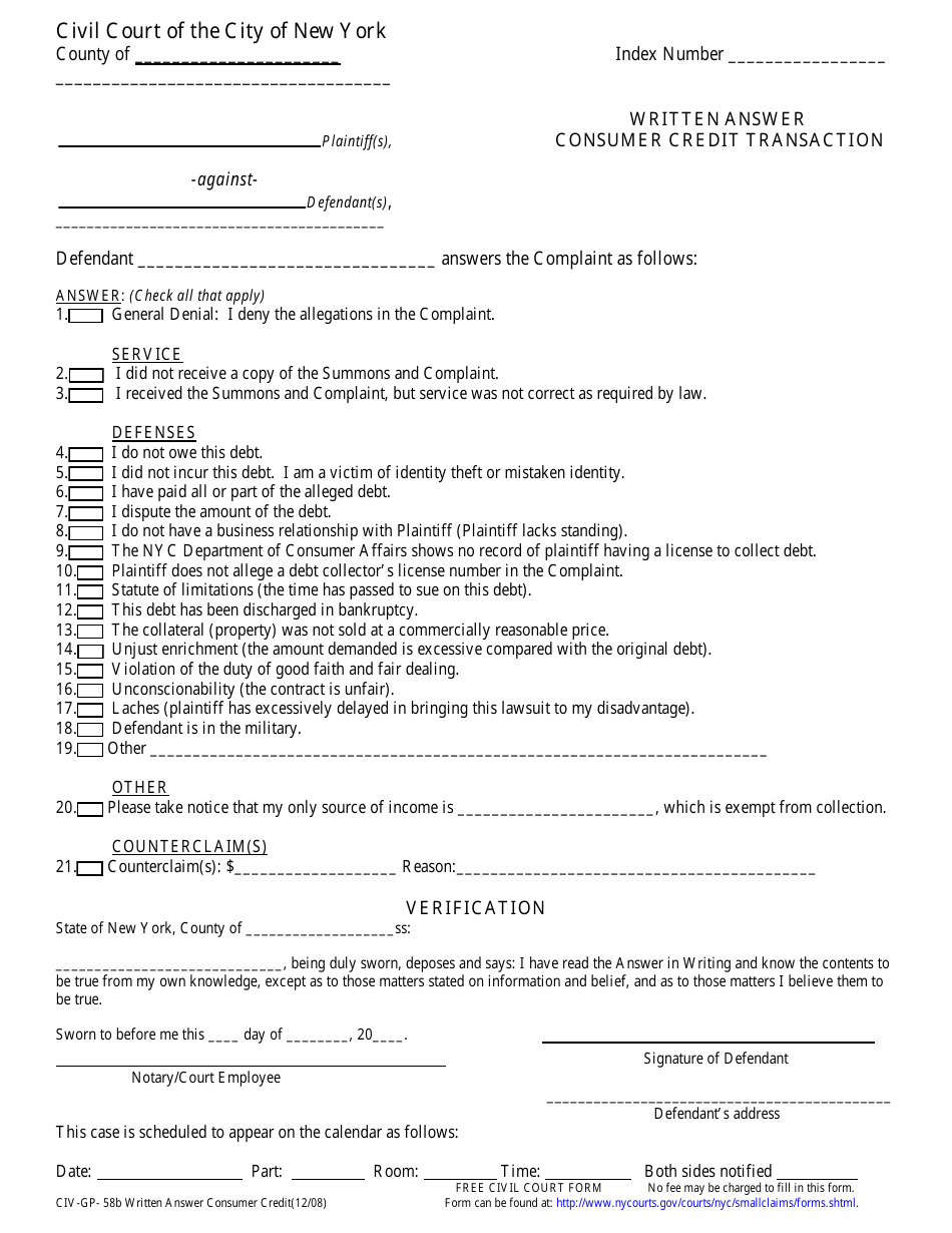 Form CIV-GP-58B Written Answer Consumer Credit Transaction - New York City, Page 1