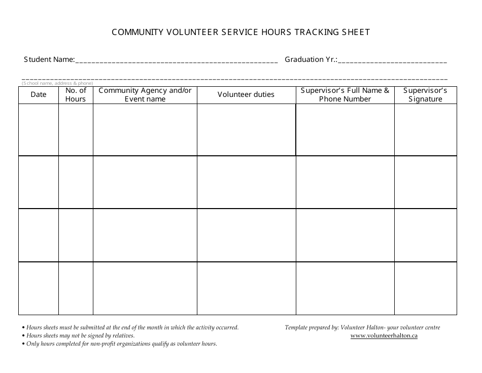 Volunteer Hours Tracking Sheet - Volunteer Halton