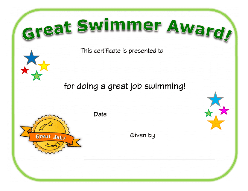Great Swimmer Award Certificate Template