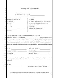 Document preview: Ex-parte Application to Dismiss Non-felony Traffic Citations and/or Warrants - California