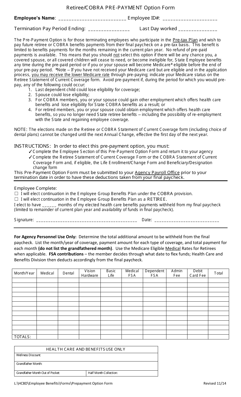 Retiree/Cobra Pre-payment Option Form, Page 1
