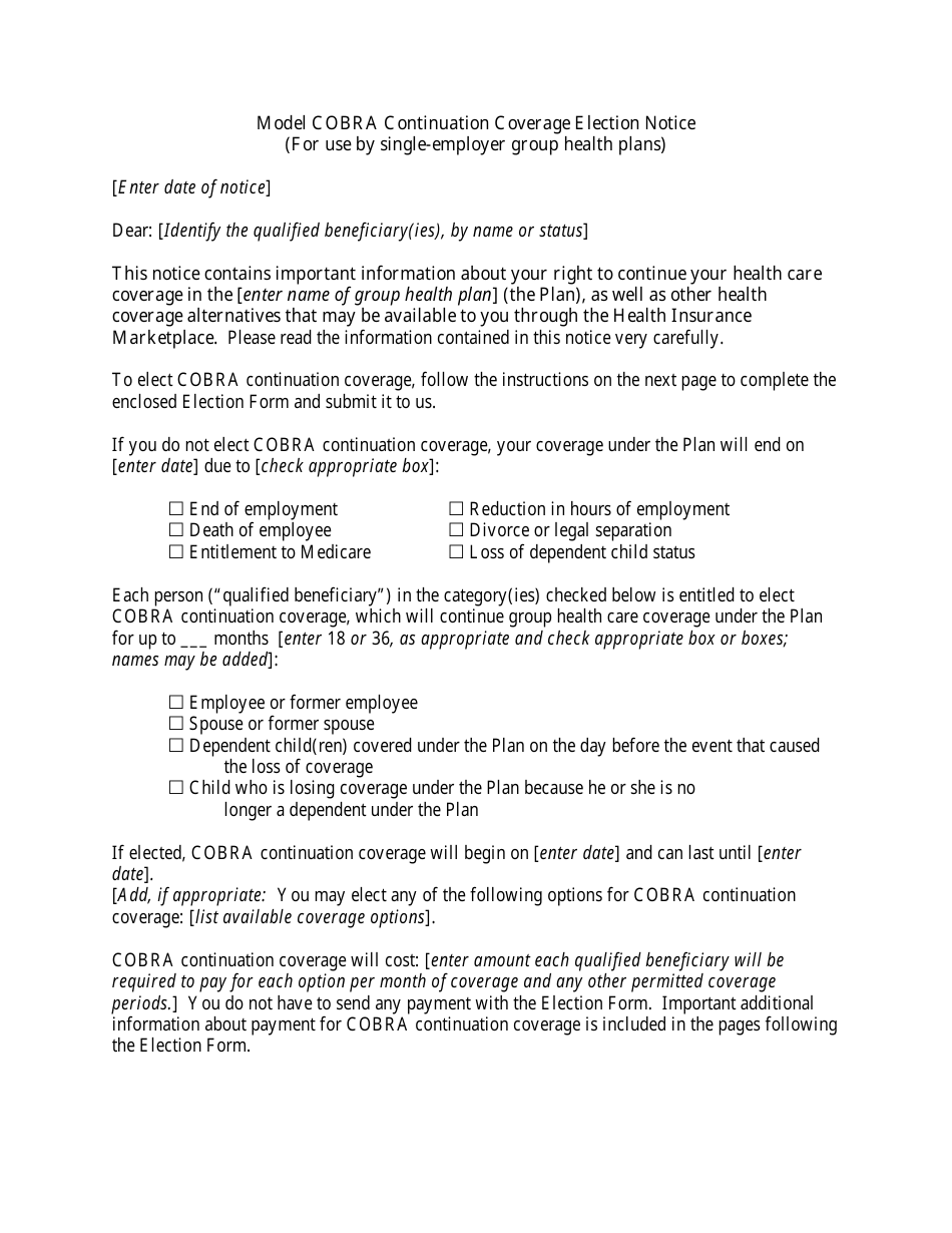 Model Cobra Continuation Coverage Election Notice Form, Page 1