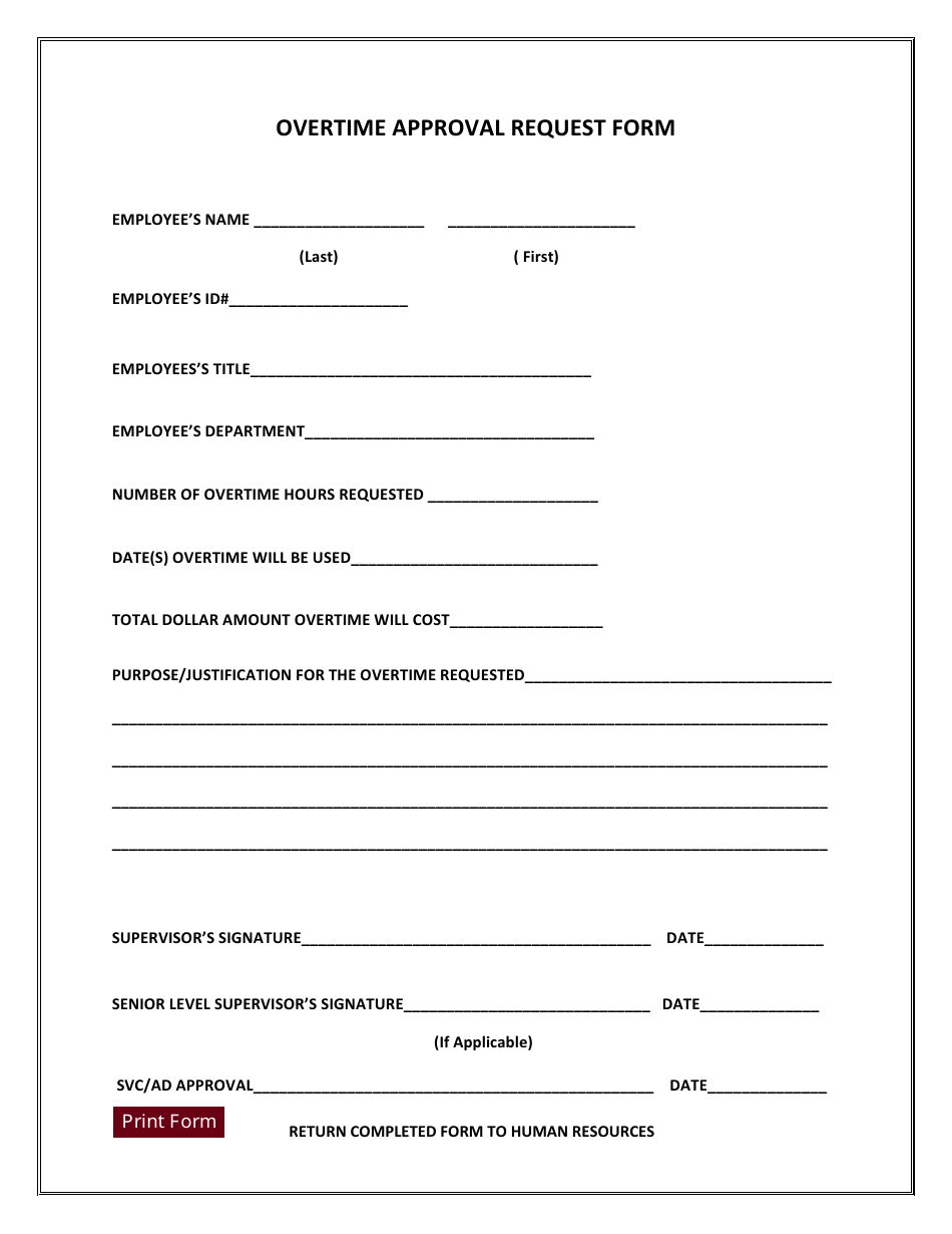 Overtime Approval Request Form, Page 1