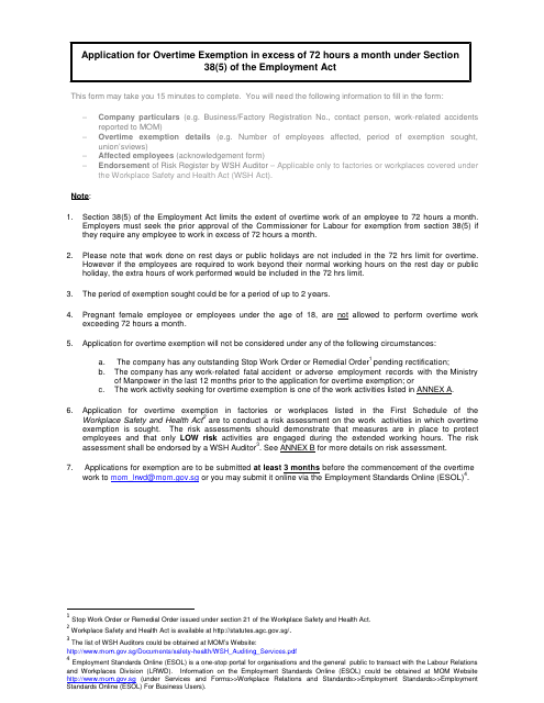 Application for Overtime Exemption in Excess of 72 Hours a Month Under Section 38(5) of the Employment Act - Singapore
