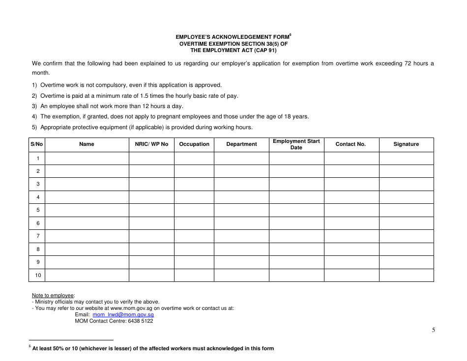 Application for Overtime Exemption in Excess of 72 Hours a Month Under Section 38(5) of the Employment Act - Singapore, Page 5