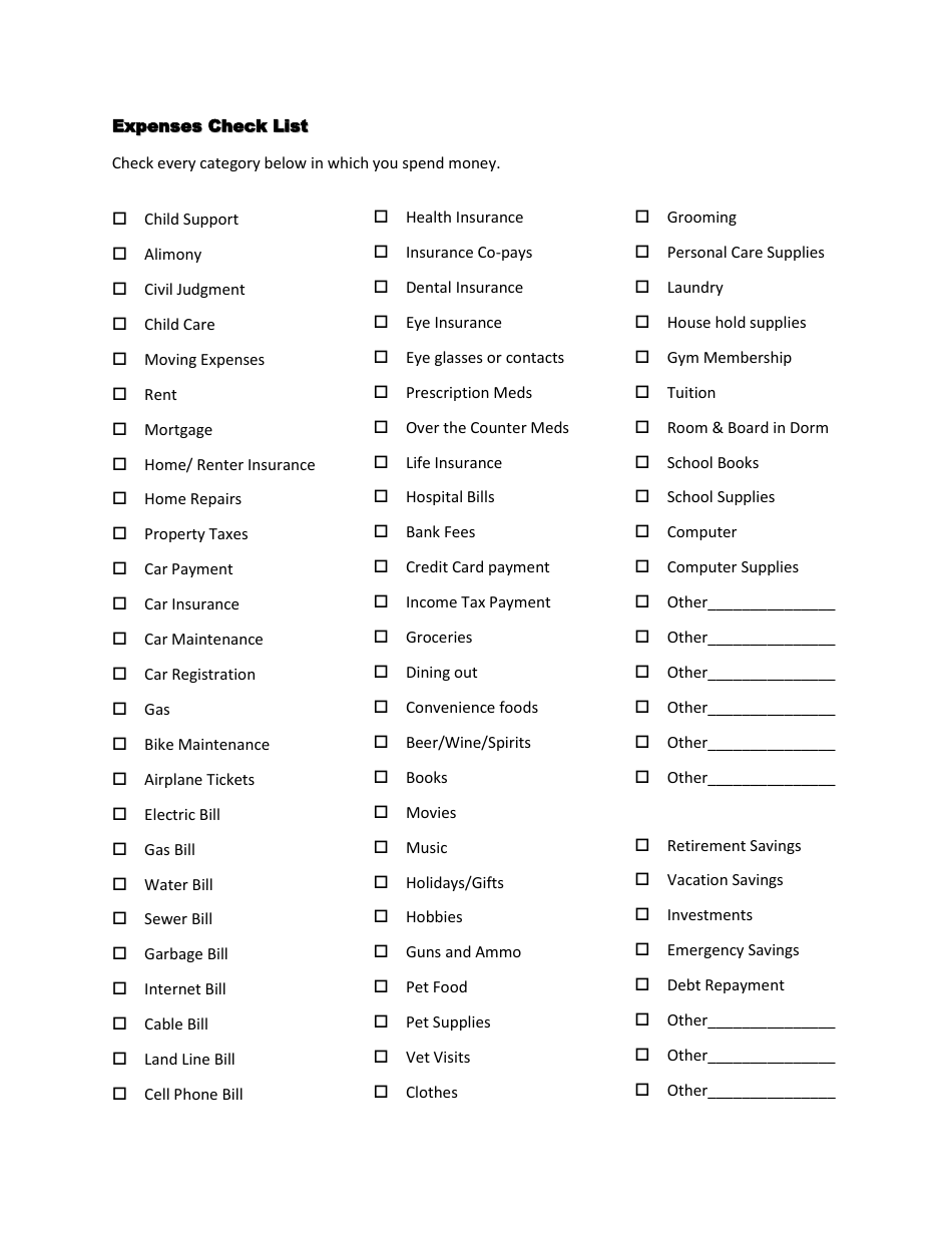 Expenses Check List Template - Fill Out, Sign Online and Download PDF