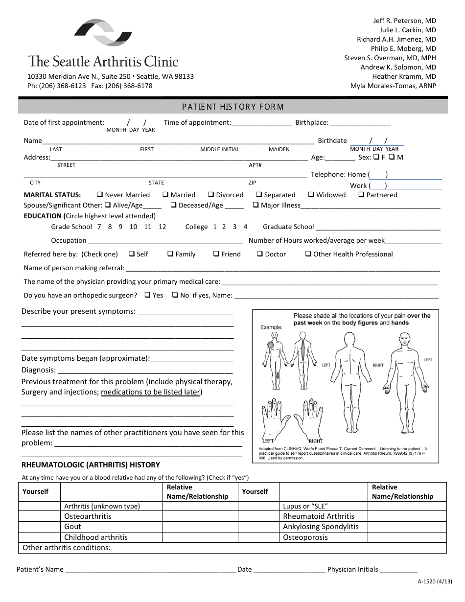 Patient Medical History Form - the Seattle Arthritis Clinic, Page 1