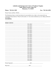 Document preview: Medication List Template - Arthritis and Osteoporosis Center of Northern Virginia - Manassas, Virginia