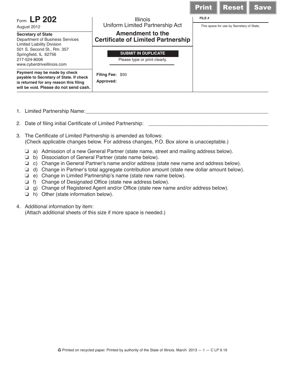 Form LP202 Amendment to the Certificate of Limited Partnership - Illinois, Page 1