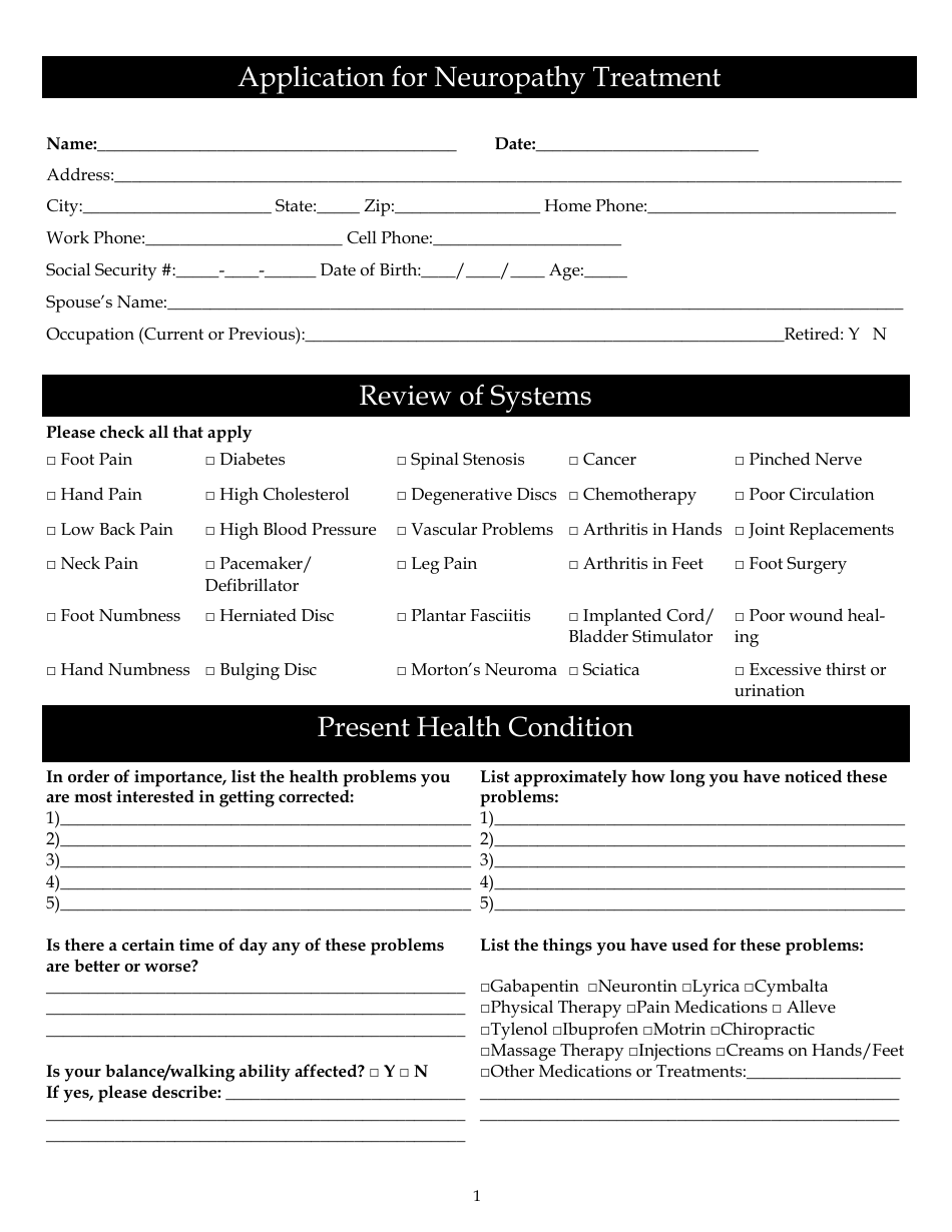 Neuropathy Treatment Application Form, Page 1
