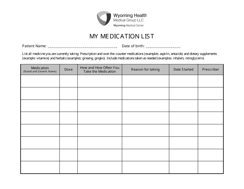 &quot;Personal Medication List Template - Wyoming Health Medical Group Llc&quot; Download Pdf