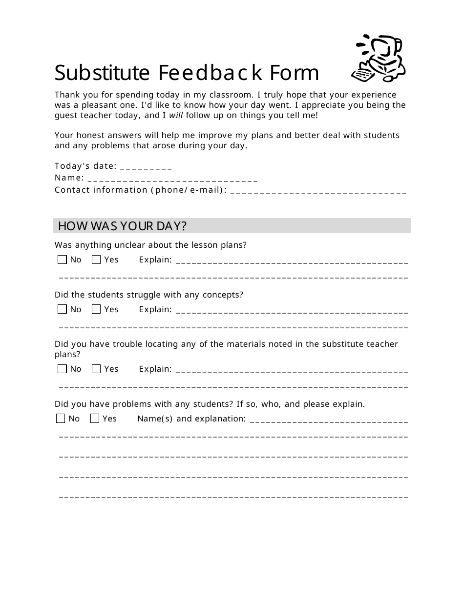 Substitute Feedback Form for Teachers, Page 1