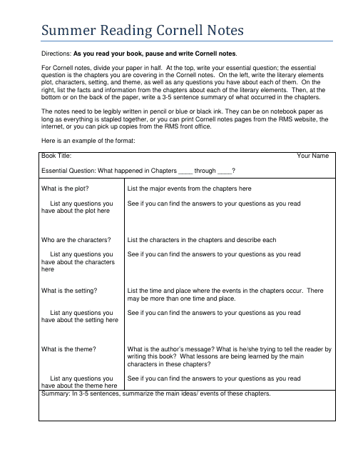 &quot;Summer Reading Cornell Notes Template&quot; Download Pdf