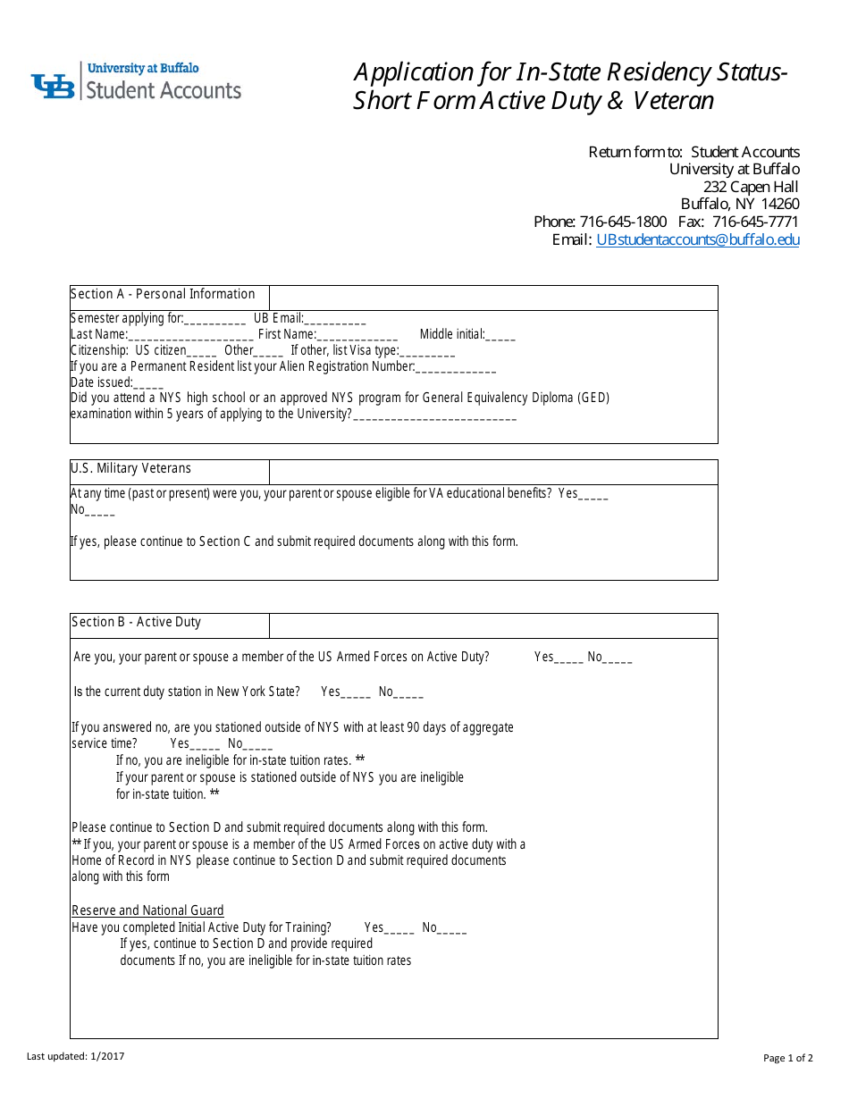 Application for in-State Residency Status-Short Form Active Duty  Veteran - University at Buffalo - Buffalo, New York, Page 1