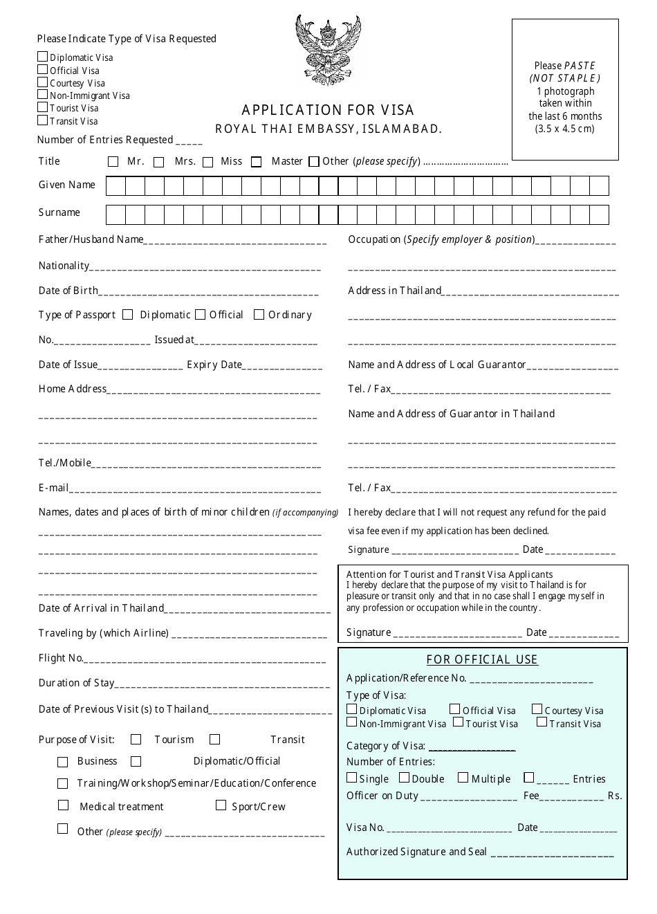 Thai Visa Application Form - Royal Thai Embassy - Islamabad, Islamabad, Pakistan, Page 1