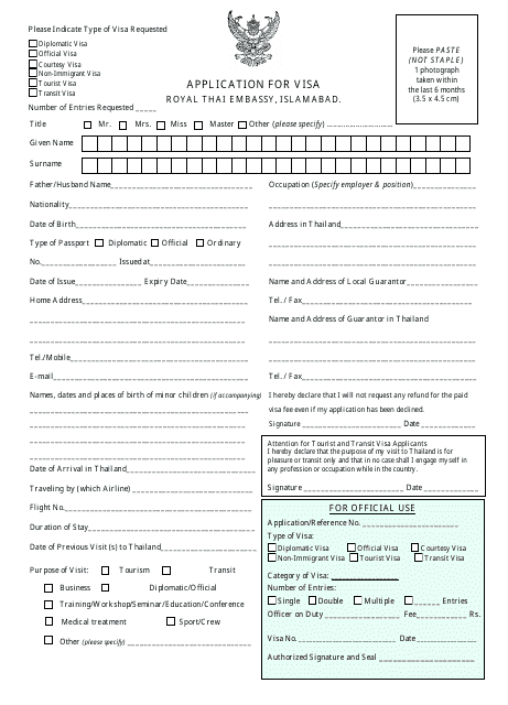 Thai Visa Application Form - Royal Thai Embassy - Islamabad, Islamabad, Pakistan