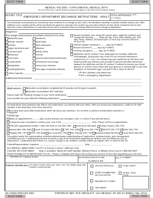Sample DA Form 4700 Medical Record - Supplemental Medical Data - U.S. Army Medical Department, General Leonard Wood Army Community Hospital