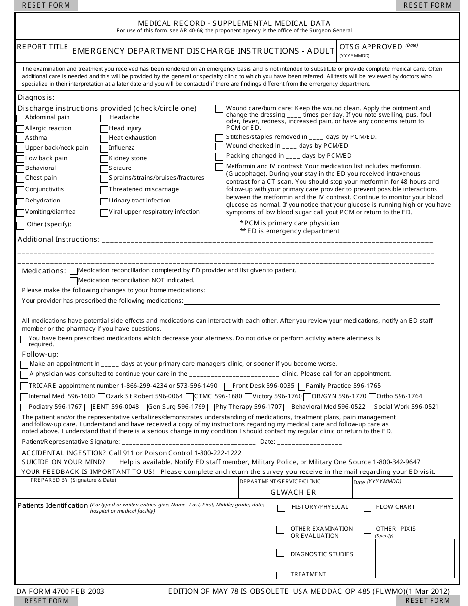 Sample DA Form 4700 Medical Record - Supplemental Medical Data - U.S. Army Medical Department, General Leonard Wood Army Community Hospital, Page 1