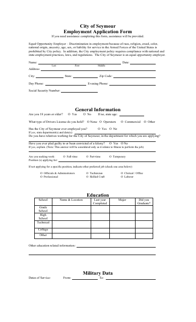 Employment Application Form - City of Seymour, Indiana Download Pdf