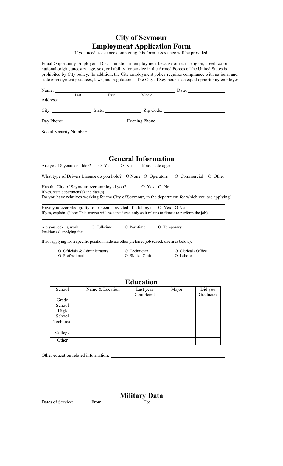 Employment Application Form - City of Seymour, Indiana, Page 1