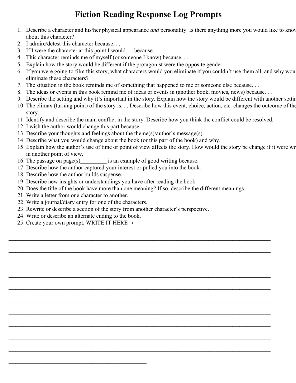 Fiction Reading Response Log Template, Page 1