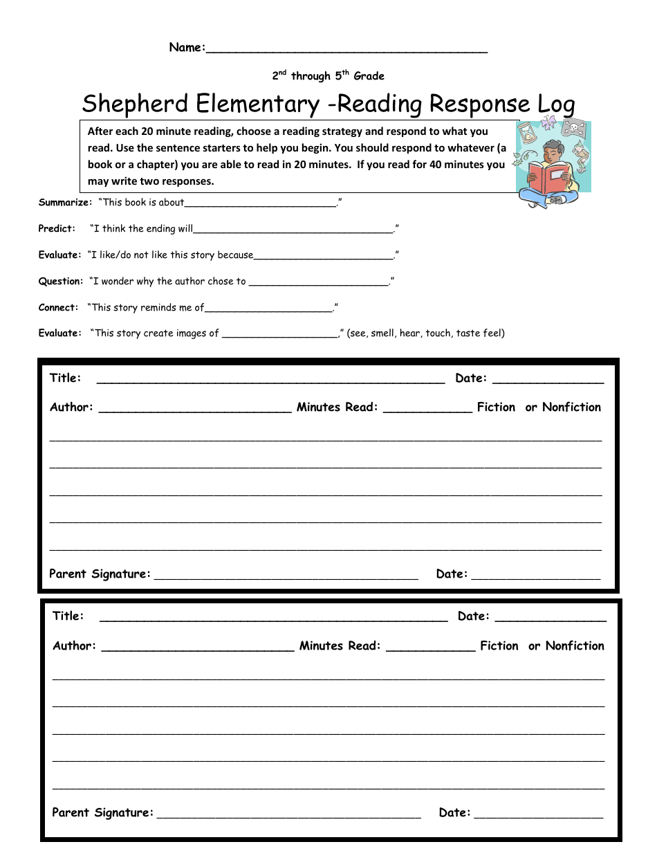 2nd-5th Grade Reading Response Log Image Preview