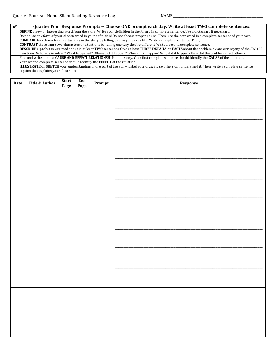 Quarter for at - Home Silent Reading Response Log Template, Page 1